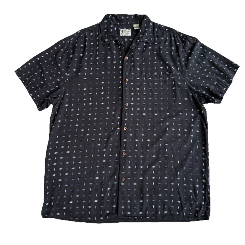 Vintage Silk Circa 1969 Shirt Men XLT Black Blue Geometric Dot Tropical Resort